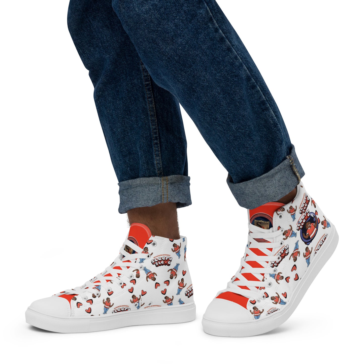 Sleepy Steve All Over Print Men’s High Top Canvas Shoes (Red Tongue)